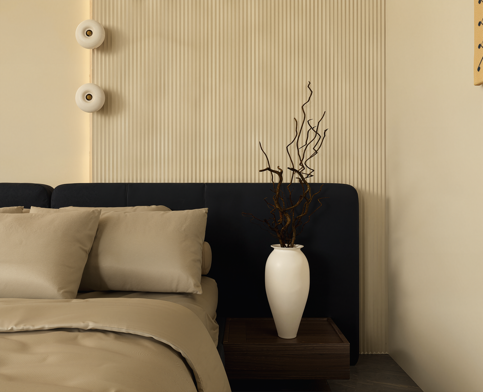 Bedroom nightstand closeup with black headboard and wall sconces